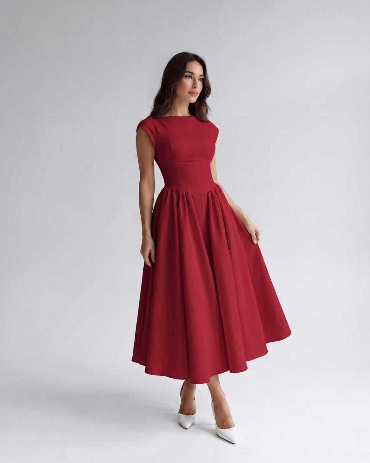 Elara Collection | Midi Dress with Structured Fabric & A-Line Skirt | Elegant Style for Versatile Occasions