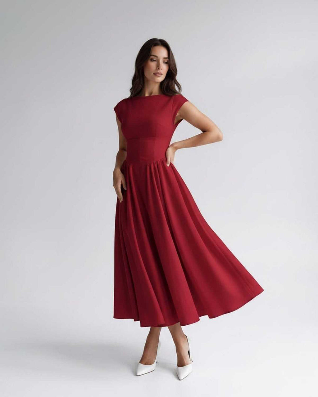 Elara Collection | Midi Dress with Structured Fabric & A-Line Skirt | Elegant Style for Versatile Occasions