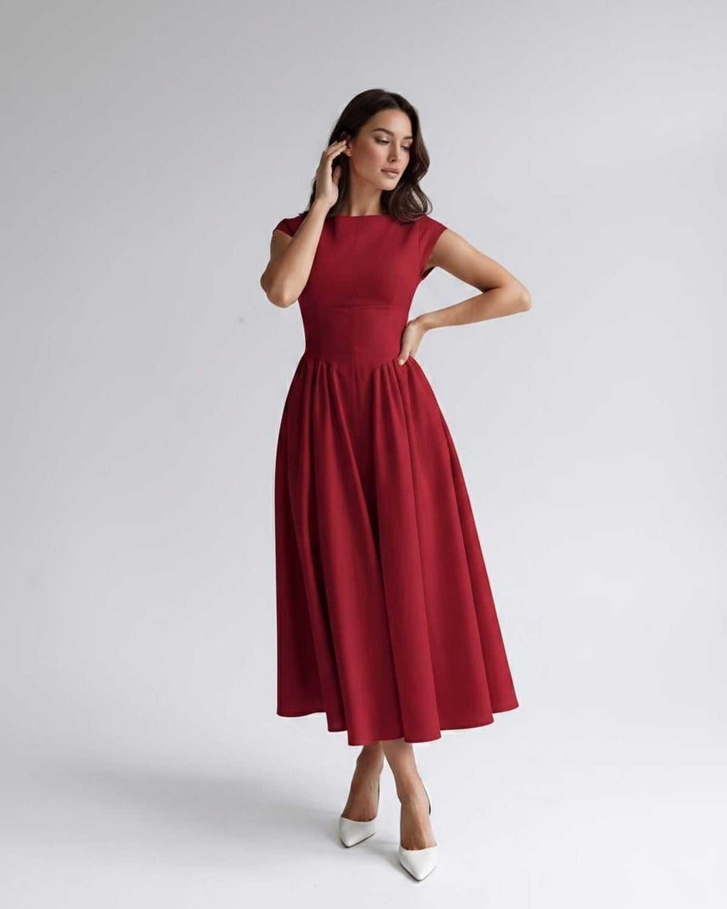 Elara Collection | Midi Dress with Structured Fabric & A-Line Skirt | Elegant Style for Versatile Occasions