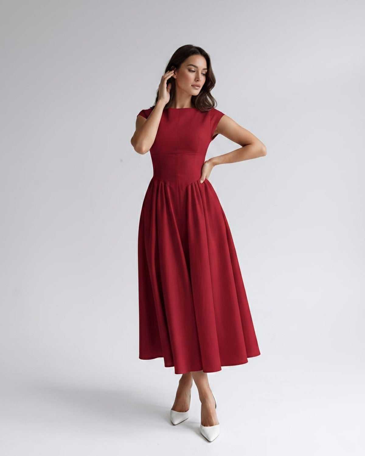 Elara Collection | Midi Dress with Structured Fabric & A-Line Skirt | Elegant Style for Versatile Occasions