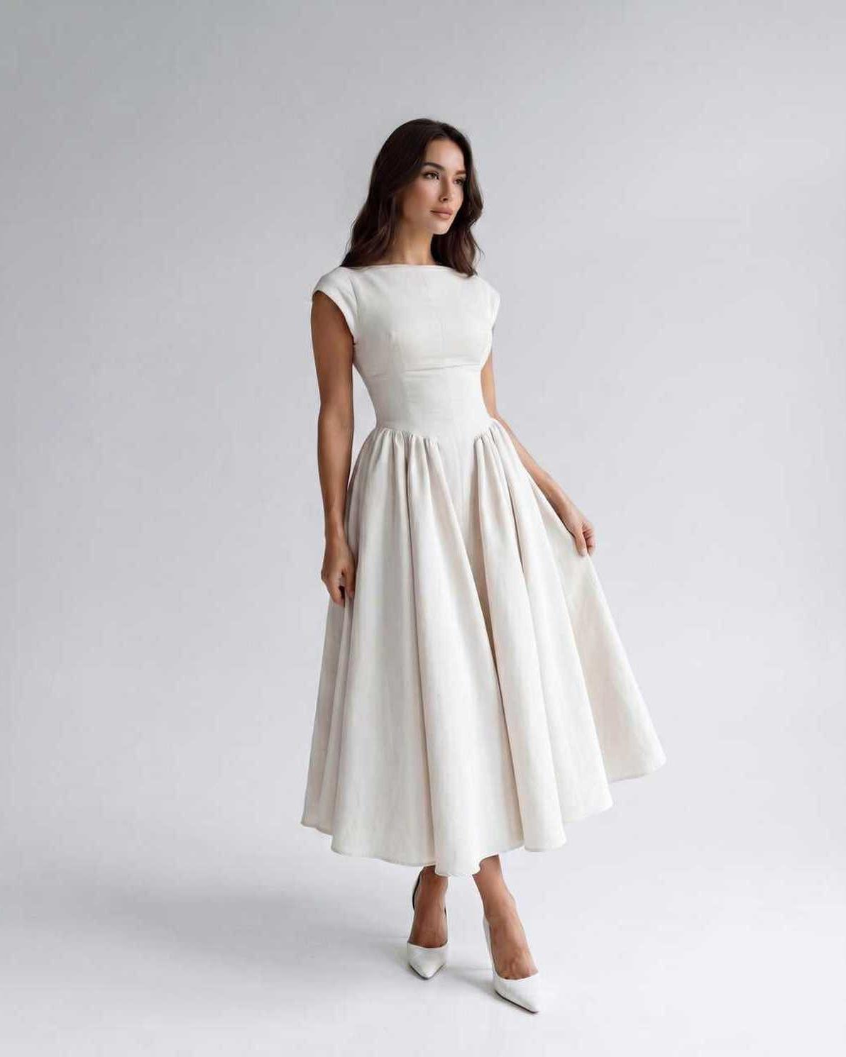 Elara Collection | Midi Dress with Structured Fabric & A-Line Skirt | Elegant Style for Versatile Occasions
