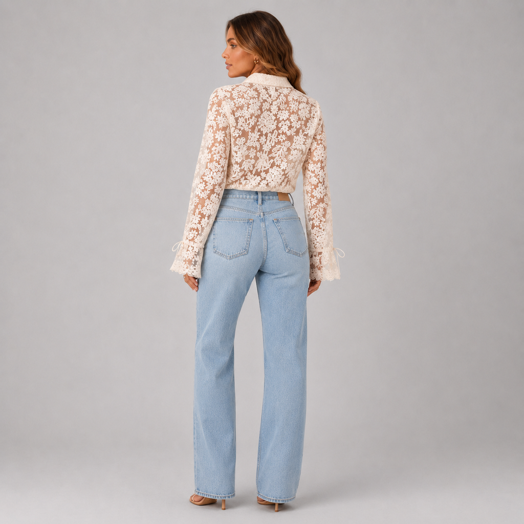 Elara Collection | Women's White Blouse with Sheer Floral Lace Design | Elegant Summer Top for Effortless Style
