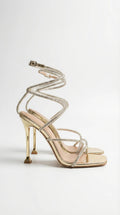 Women's Elegant Ankle Coil Mid Heels with Rhinestone Straps | Chic Stiletto Sandals for Glamorous Occasions | Glittering 0