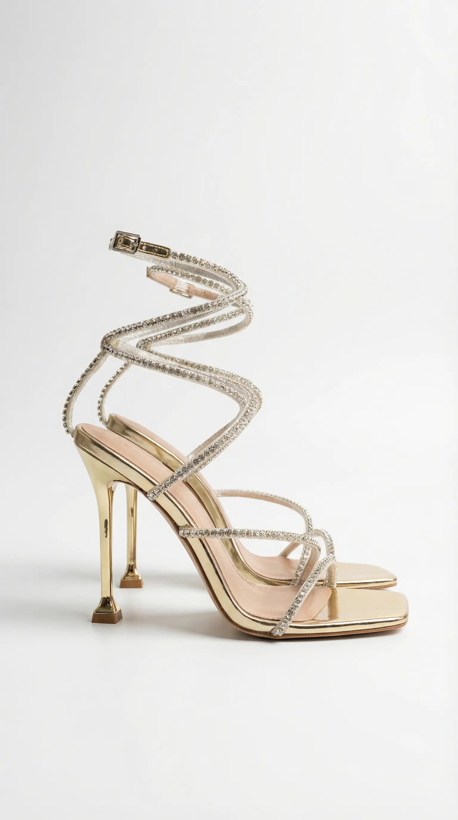 Women's Elegant Ankle Coil Mid Heels with Rhinestone Straps | Chic Stiletto Sandals for Glamorous Occasions | Glittering 0
