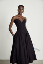 Elegant Black Dress – Off-Shoulder Midi Dress with Pleated...