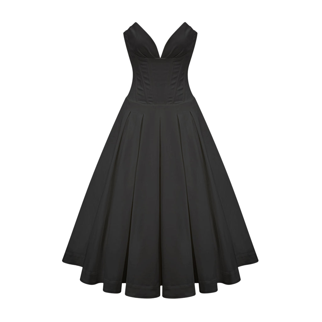 Elegant Black Dress – Off-Shoulder Midi Dress with Pleated...