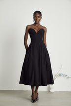 Elegant Black Dress – Off-Shoulder Midi Dress with Pleated...