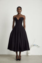 Elegant Black Dress – Off-Shoulder Midi Dress with Pleated...