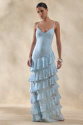 Elegant Blue Lace Maxi Dress with Deep V Neckline & Ruffled Skirt for Stunning Occasions
