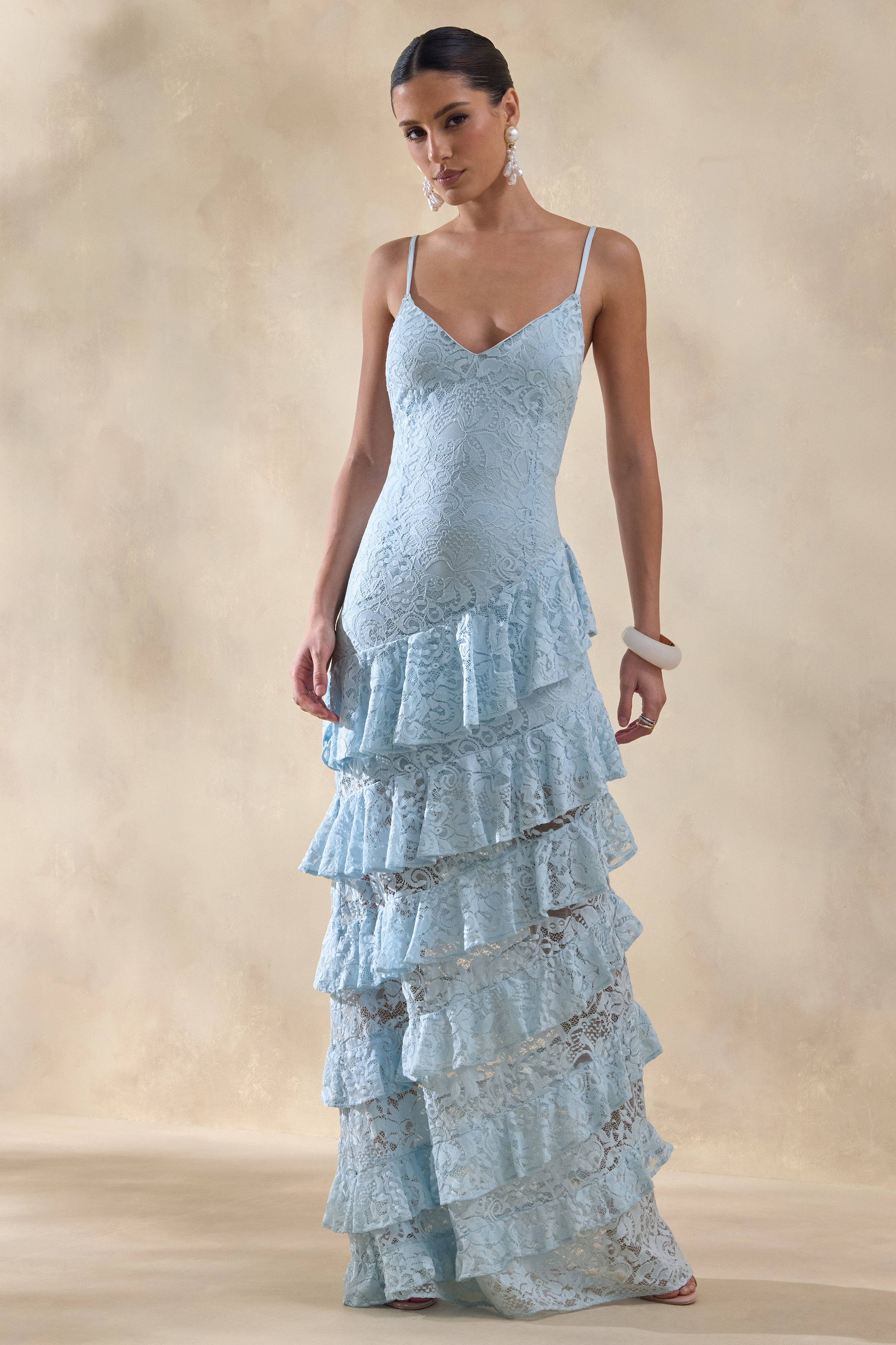 Elegant Blue Lace Maxi Dress with Deep V Neckline & Ruffled Skirt for Stunning Occasions