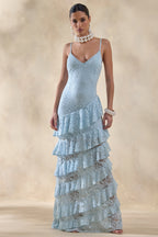 Elegant Blue Lace Maxi Dress with Deep V Neckline & Ruffled Skirt for Stunning Occasions