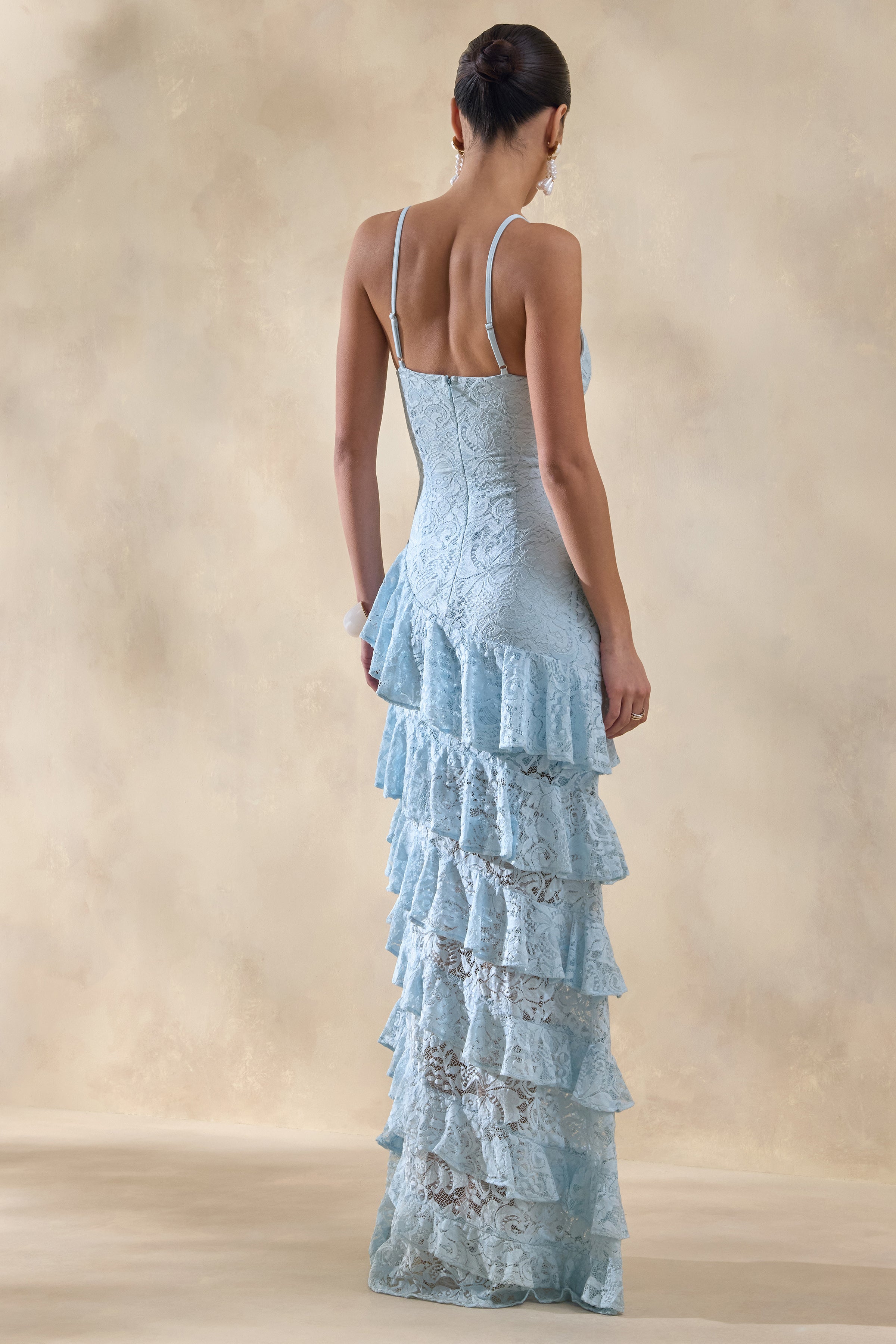 Elegant Blue Lace Maxi Dress with Deep V Neckline & Ruffled Skirt for Stunning Occasions