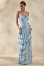 Elegant Blue Lace Maxi Dress with Deep V Neckline & Ruffled Skirt for Stunning Occasions