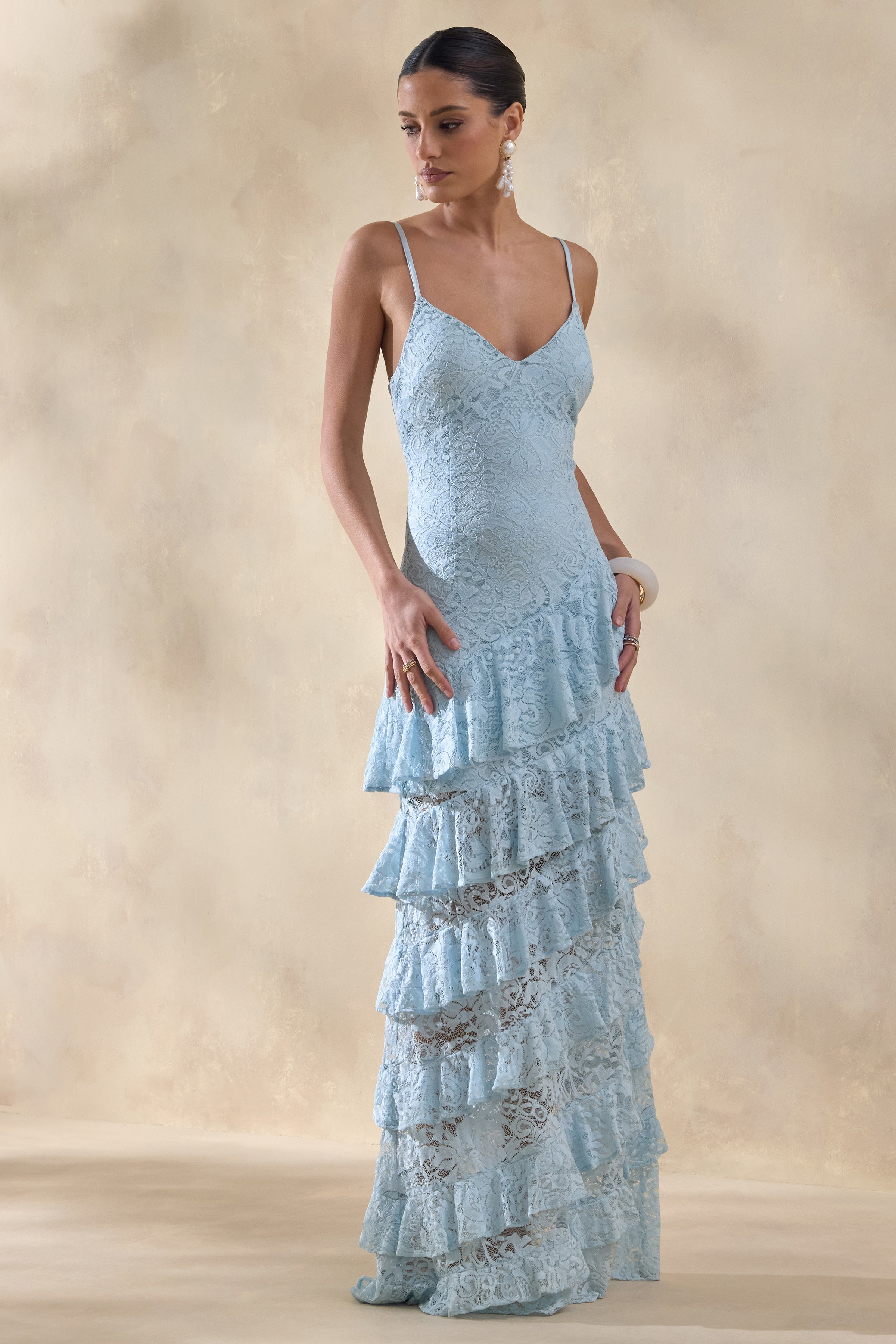 Elegant Blue Lace Maxi Dress with Deep V Neckline & Ruffled Skirt for Stunning Occasions