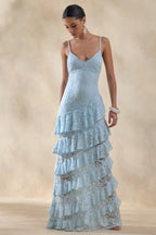 Elegant Blue Lace Maxi Dress with Deep V Neckline & Ruffled Skirt for Stunning Occasions