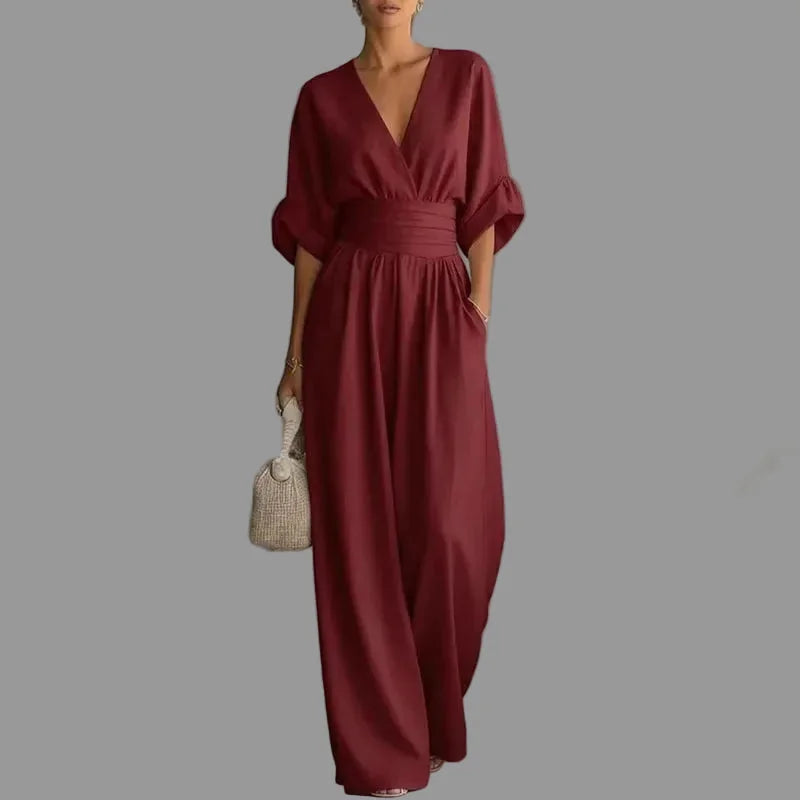 Elegant Chiffon Black Jumpsuit for Women with Deep V-Neck & Flowy Design for Effortless Style