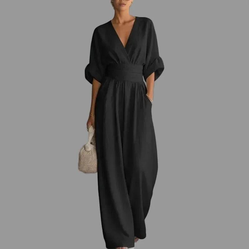 Elegant Chiffon Black Jumpsuit for Women with Deep V-Neck & Flowy Design for Effortless Style