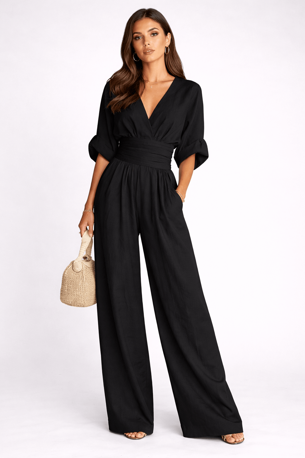 Elegant Chiffon Black Jumpsuit for Women with Deep V-Neck & Flowy Design for Effortless Style