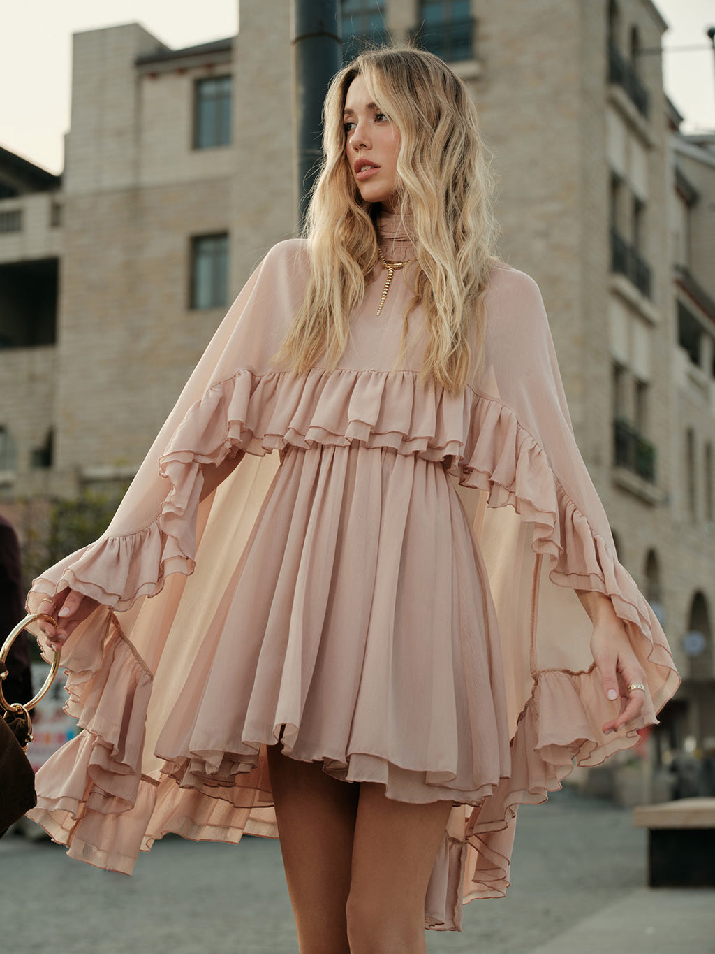 Chiffon Ruffle Mock-Neck Dress — Long Sleeve