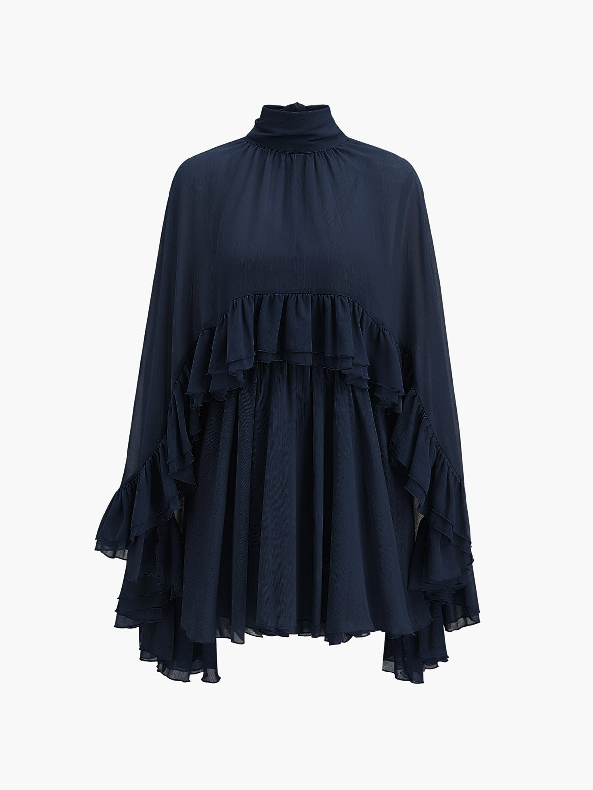 Chiffon Ruffle Mock-Neck Dress — Long Sleeve