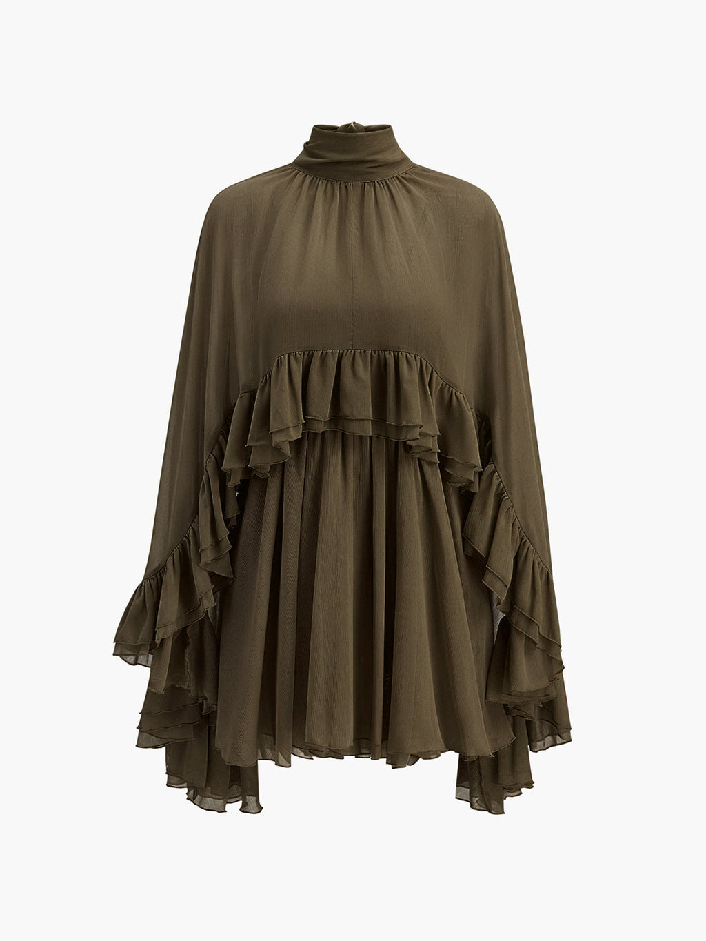 Chiffon Ruffle Mock-Neck Dress — Long Sleeve