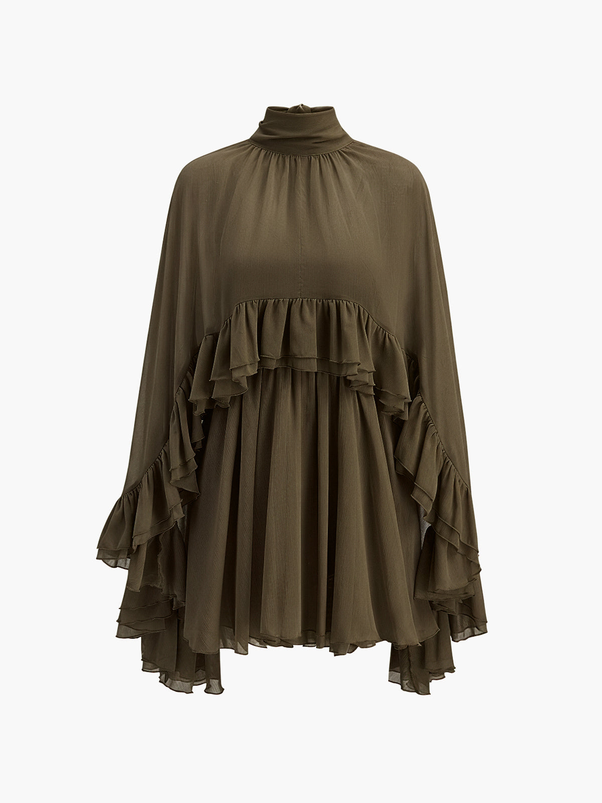 Chiffon Ruffle Mock-Neck Dress — Long Sleeve