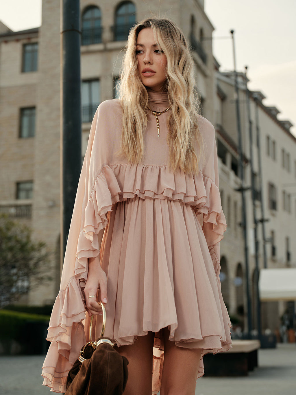 Chiffon Ruffle Mock-Neck Dress — Long Sleeve