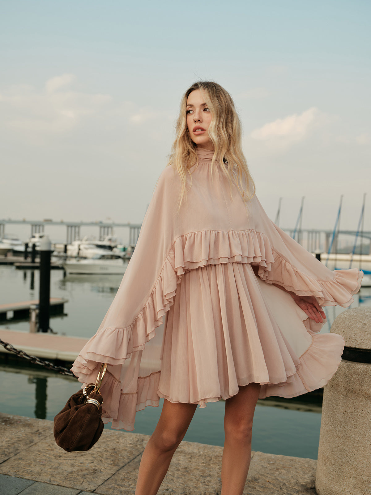 Chiffon Ruffle Mock-Neck Dress — Long Sleeve
