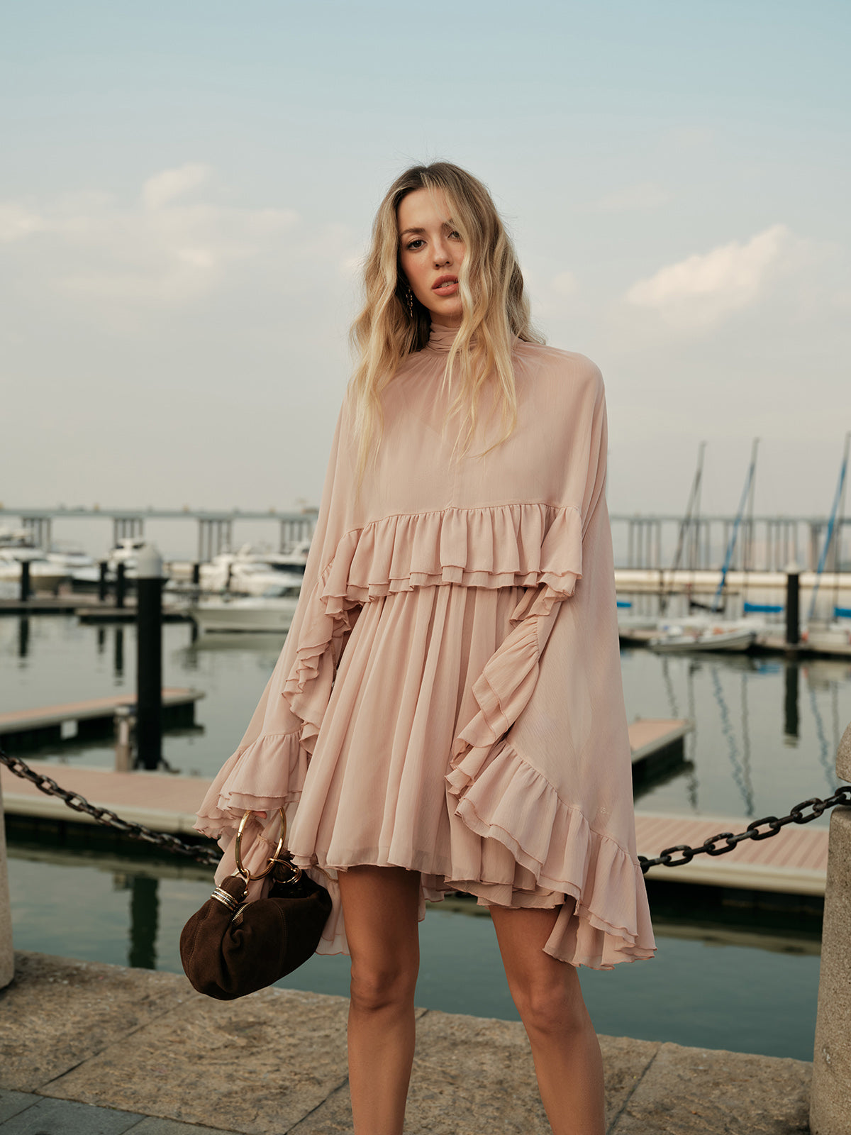 Chiffon Ruffle Mock-Neck Dress — Long Sleeve