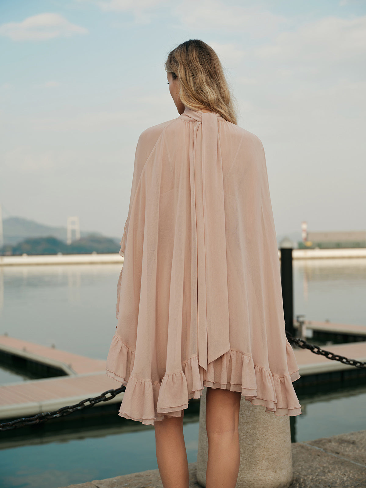 Chiffon Ruffle Mock-Neck Dress — Long Sleeve