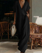 Floral Maxi Dress with Deep V-Neck & Lace Trim – Lightweight Long...