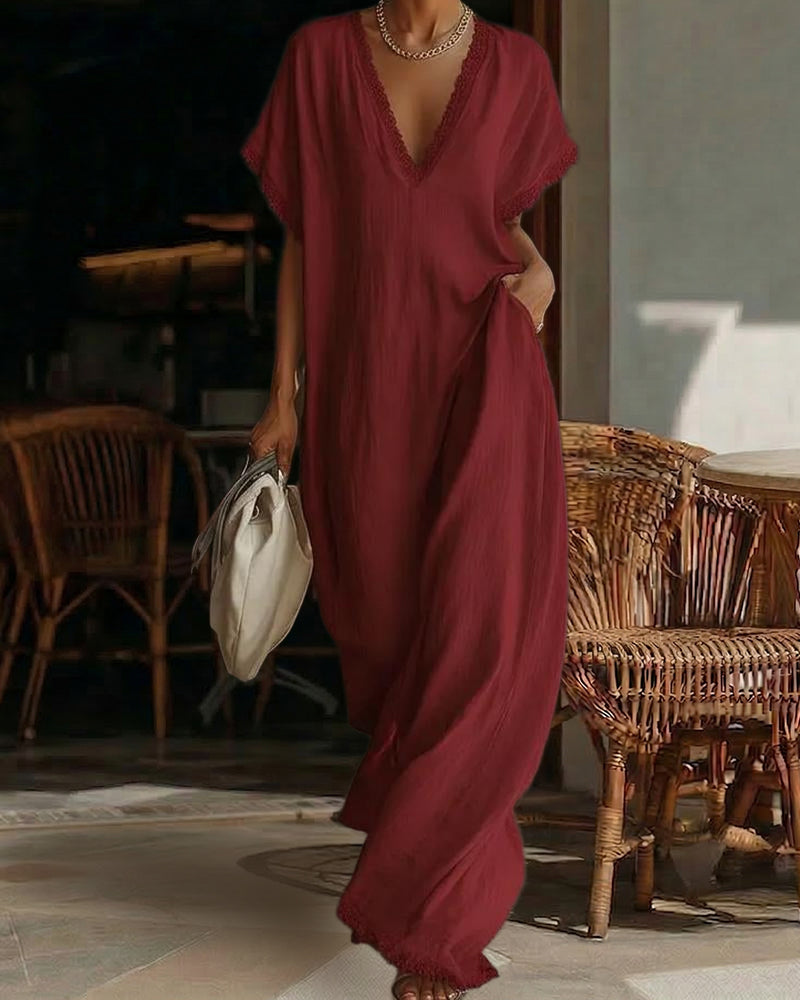 Floral Maxi Dress with Deep V-Neck & Lace Trim – Lightweight Long...