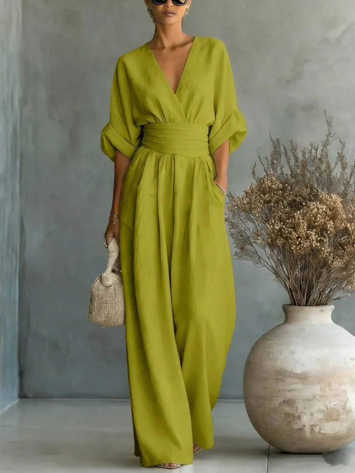 Elegant Collection | Jumpsuit Women with Deep V-Neck & 3/4 Sleeves | High Waist for Flattering Fit