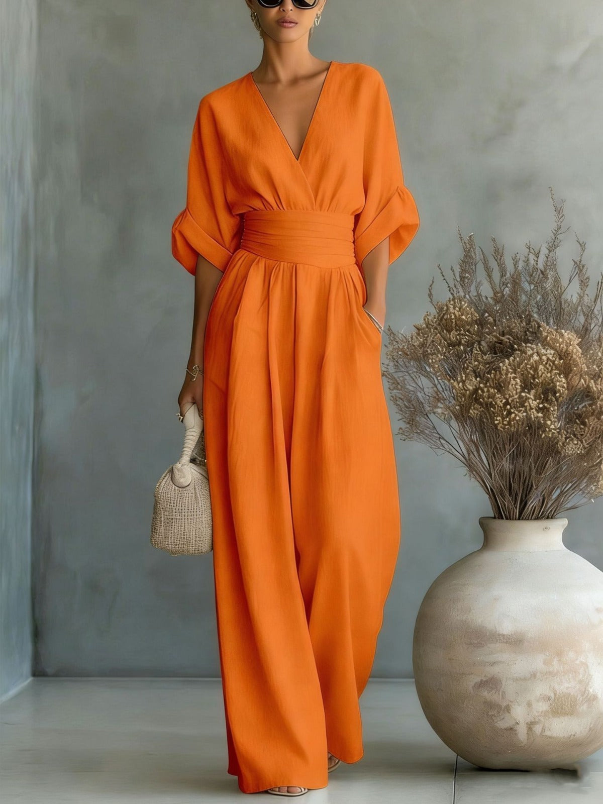 Elegant Collection | Jumpsuit Women with Deep V-Neck & 3/4 Sleeves | High Waist for Flattering Fit