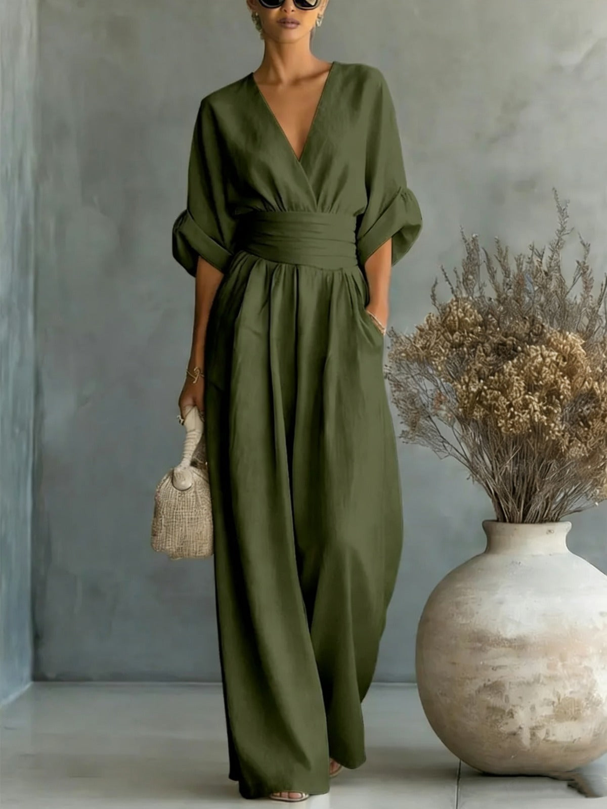 Elegant Collection | Jumpsuit Women with Deep V-Neck & 3/4 Sleeves | High Waist for Flattering Fit