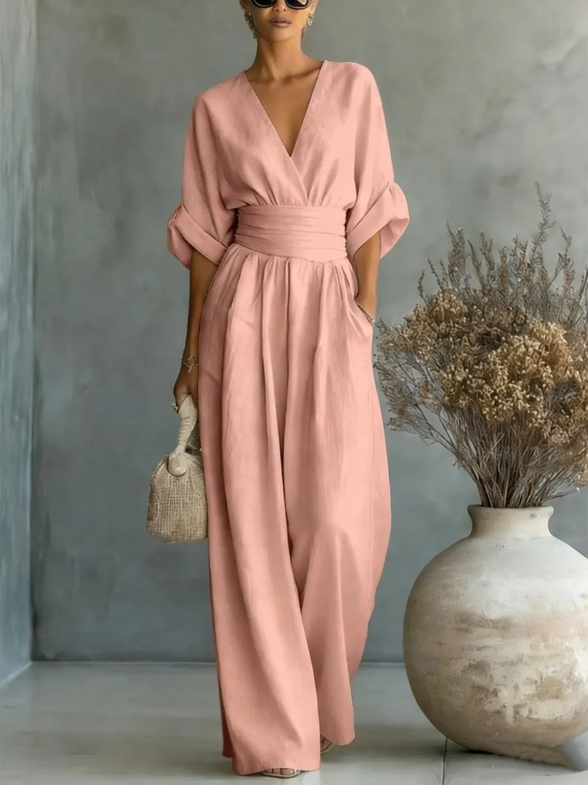Elegant Collection | Jumpsuit Women with Deep V-Neck & 3/4 Sleeves | High Waist for Flattering Fit