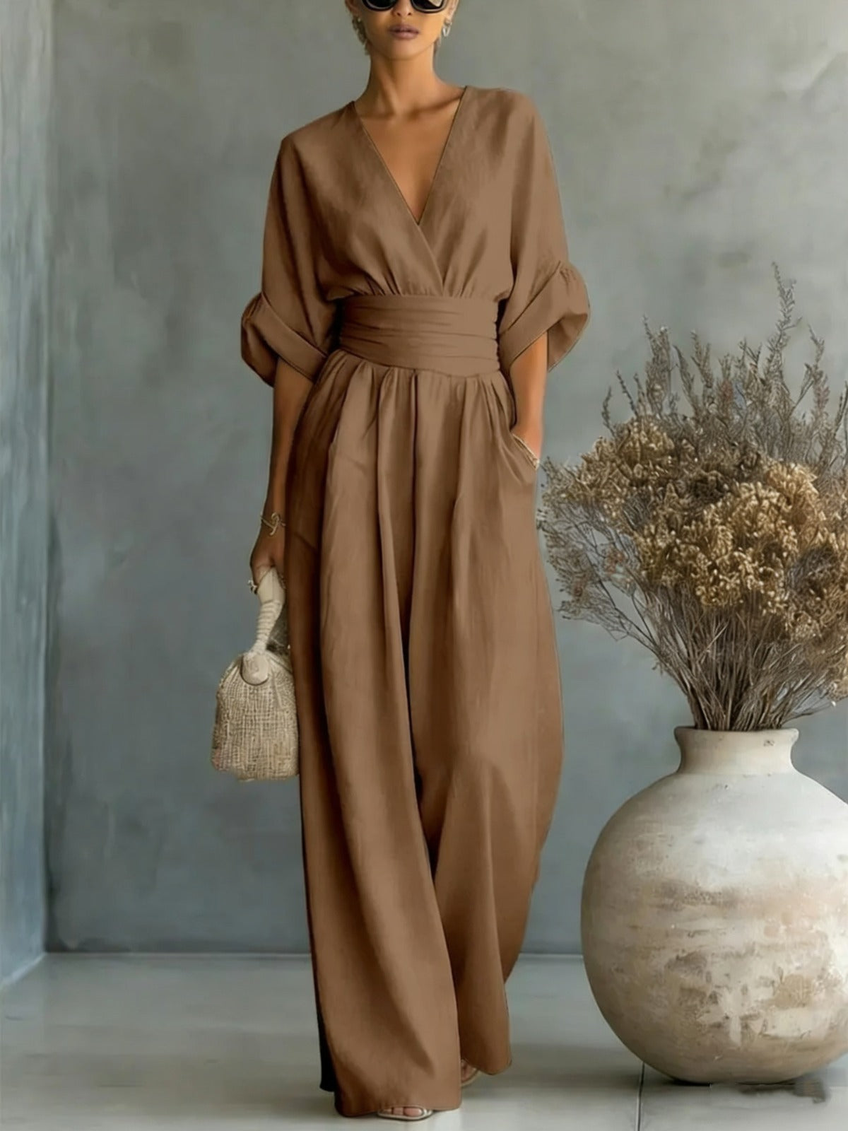 Elegant Collection | Jumpsuit Women with Deep V-Neck & 3/4 Sleeves | High Waist for Flattering Fit