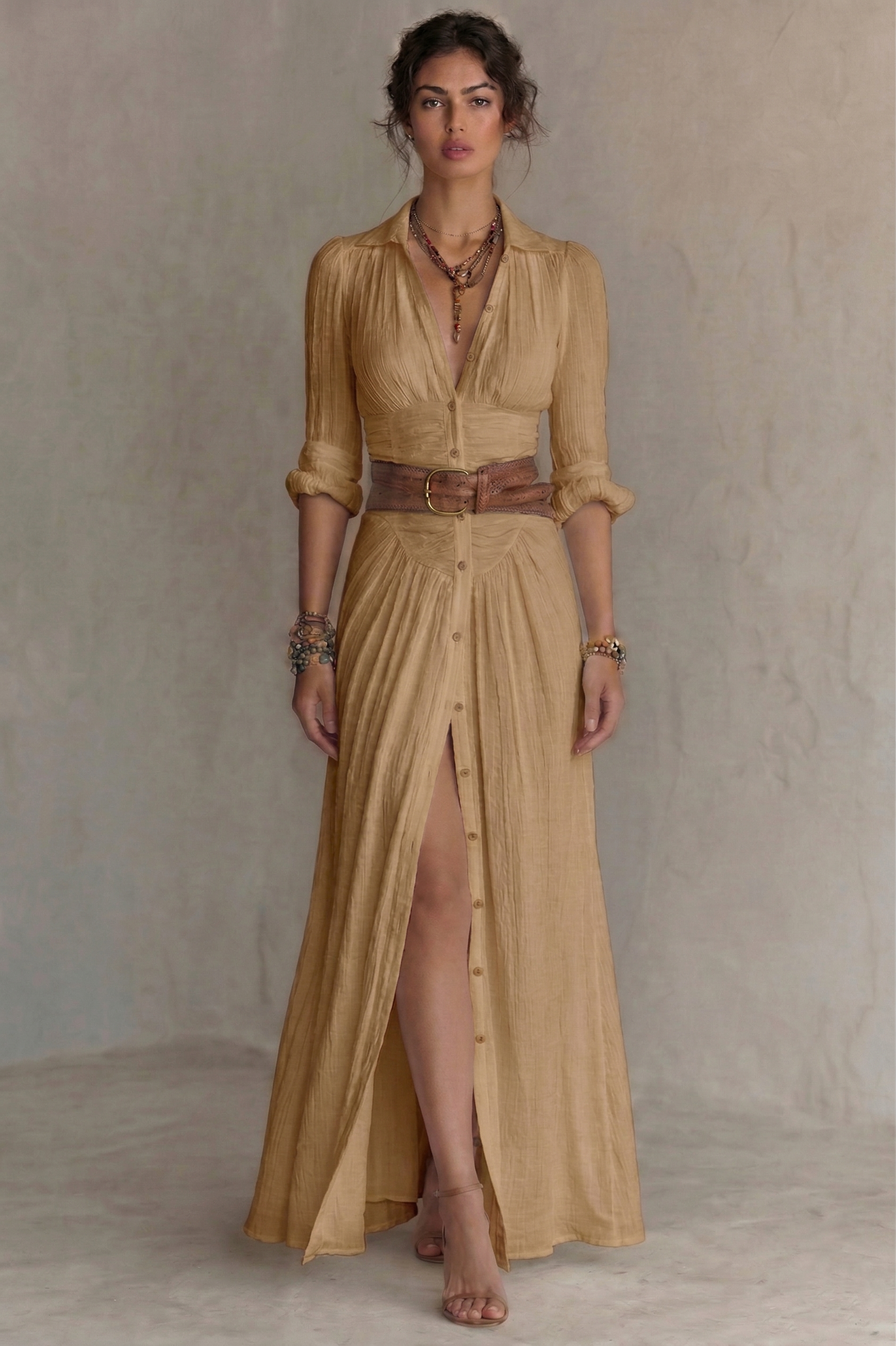 Long Sleeve Black Maxi Dress with Adjustable Belt – Flattering Fit