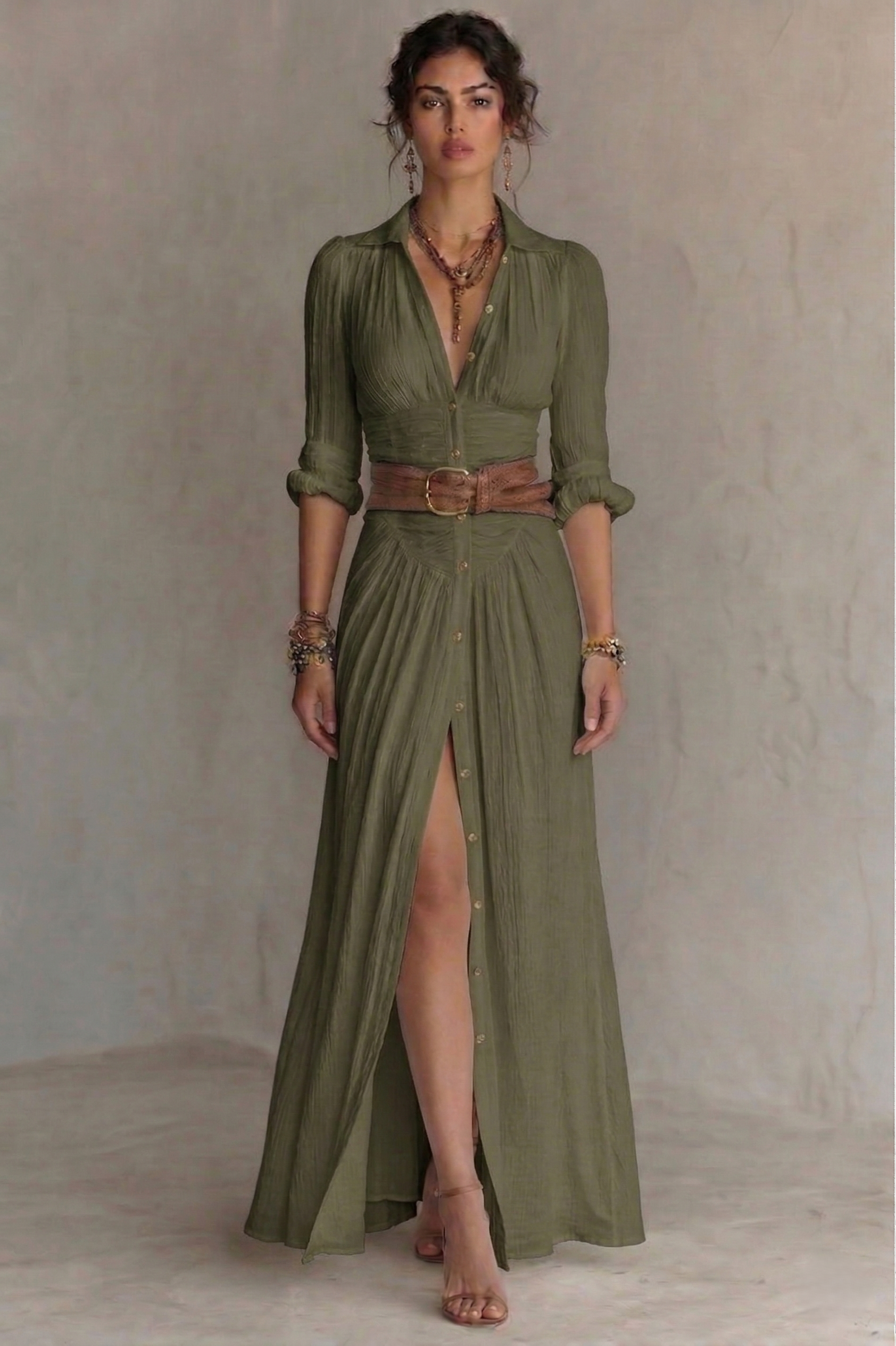 Long Sleeve Black Maxi Dress with Adjustable Belt – Flattering Fit