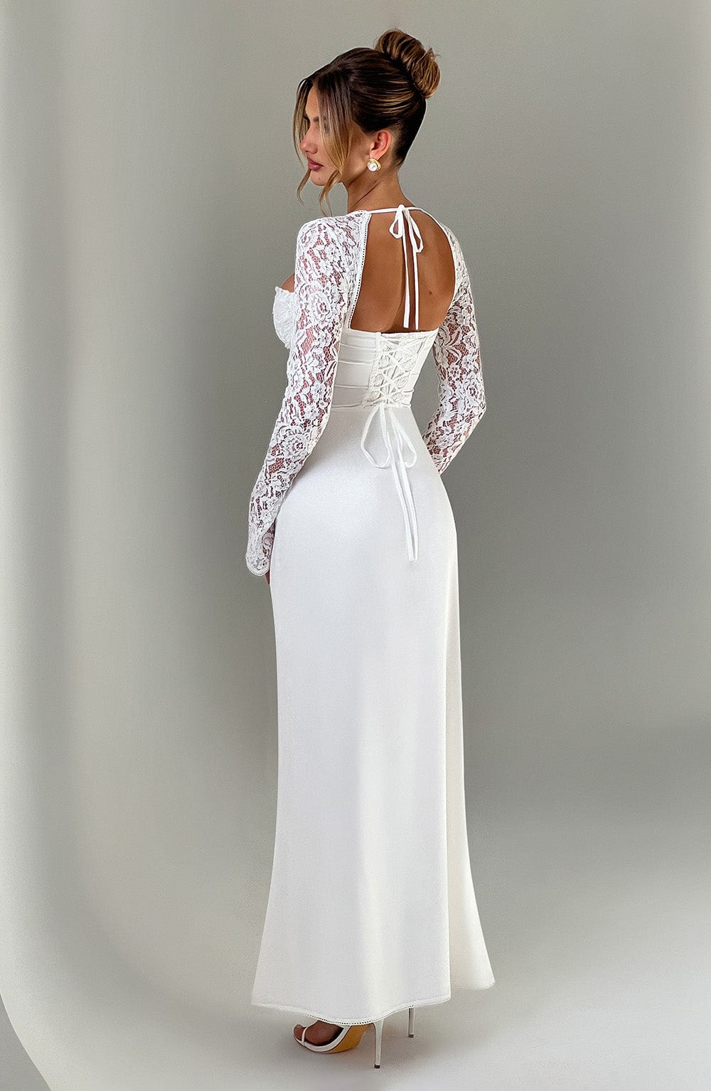 Long Sleeve Maxi Dress with Sheer Lace Sleeves – Flattering Gown