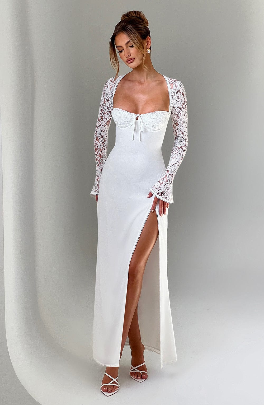 Long Sleeve Maxi Dress with Sheer Lace Sleeves – Flattering Gown