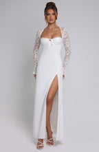 Long Sleeve Maxi Dress with Sheer Lace Sleeves – Flattering Gown