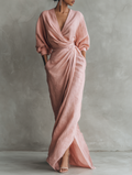 Elegant Collection | Maxi Dress for Women with V-Neck & Sleeves | Breathable Linen Blend for Effortless Style