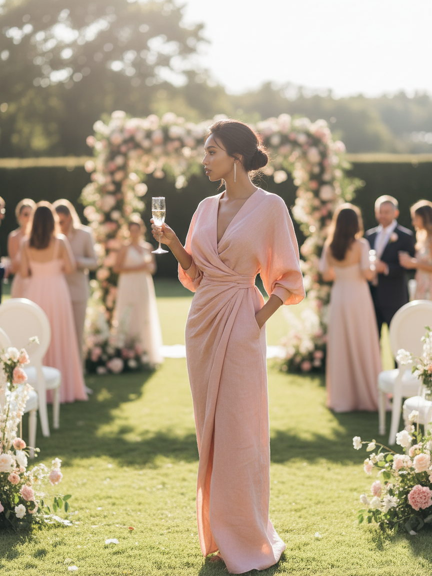 Elegant Collection | Maxi Dress for Women with V-Neck & Sleeves | Breathable Linen Blend for Effortless Style