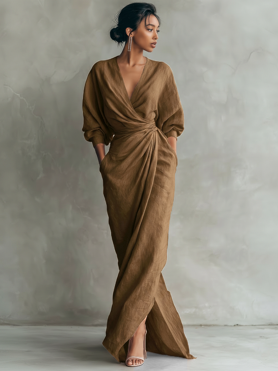 Elegant Collection | Maxi Dress for Women with V-Neck & Sleeves | Breathable Linen Blend for Effortless Style