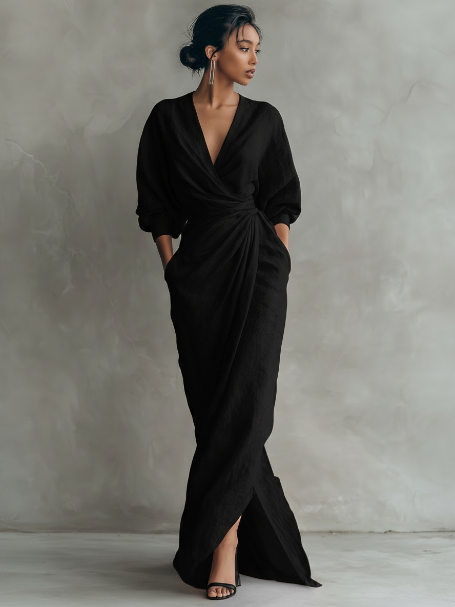 Elegant Collection | Maxi Dress for Women with V-Neck & Sleeves | Breathable Linen Blend for Effortless Style