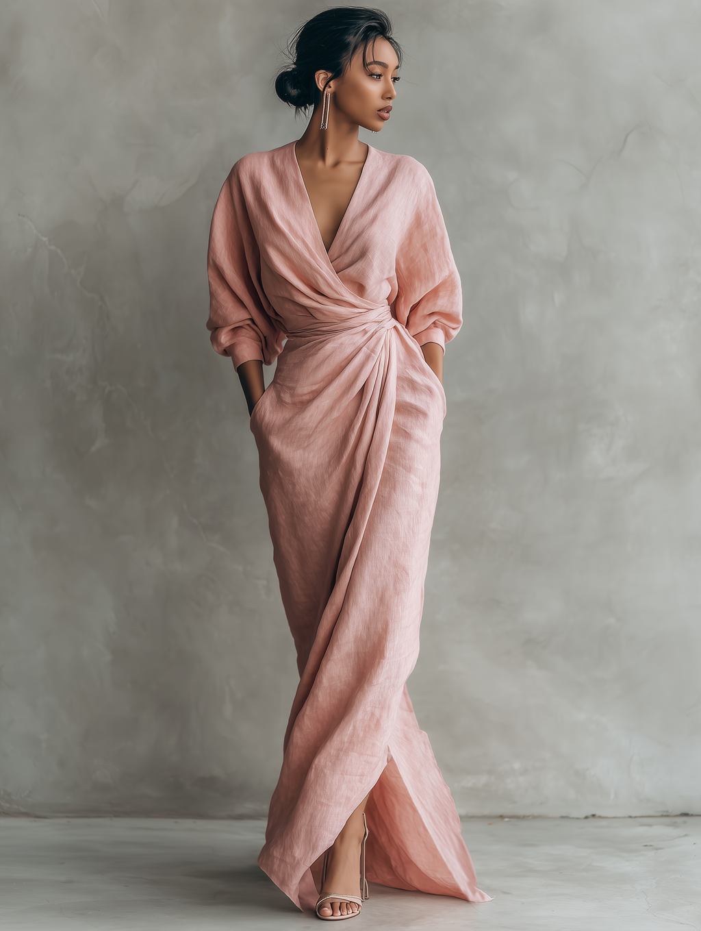 Elegant Collection | Maxi Dress for Women with V-Neck & Sleeves | Breathable Linen Blend for Effortless Style