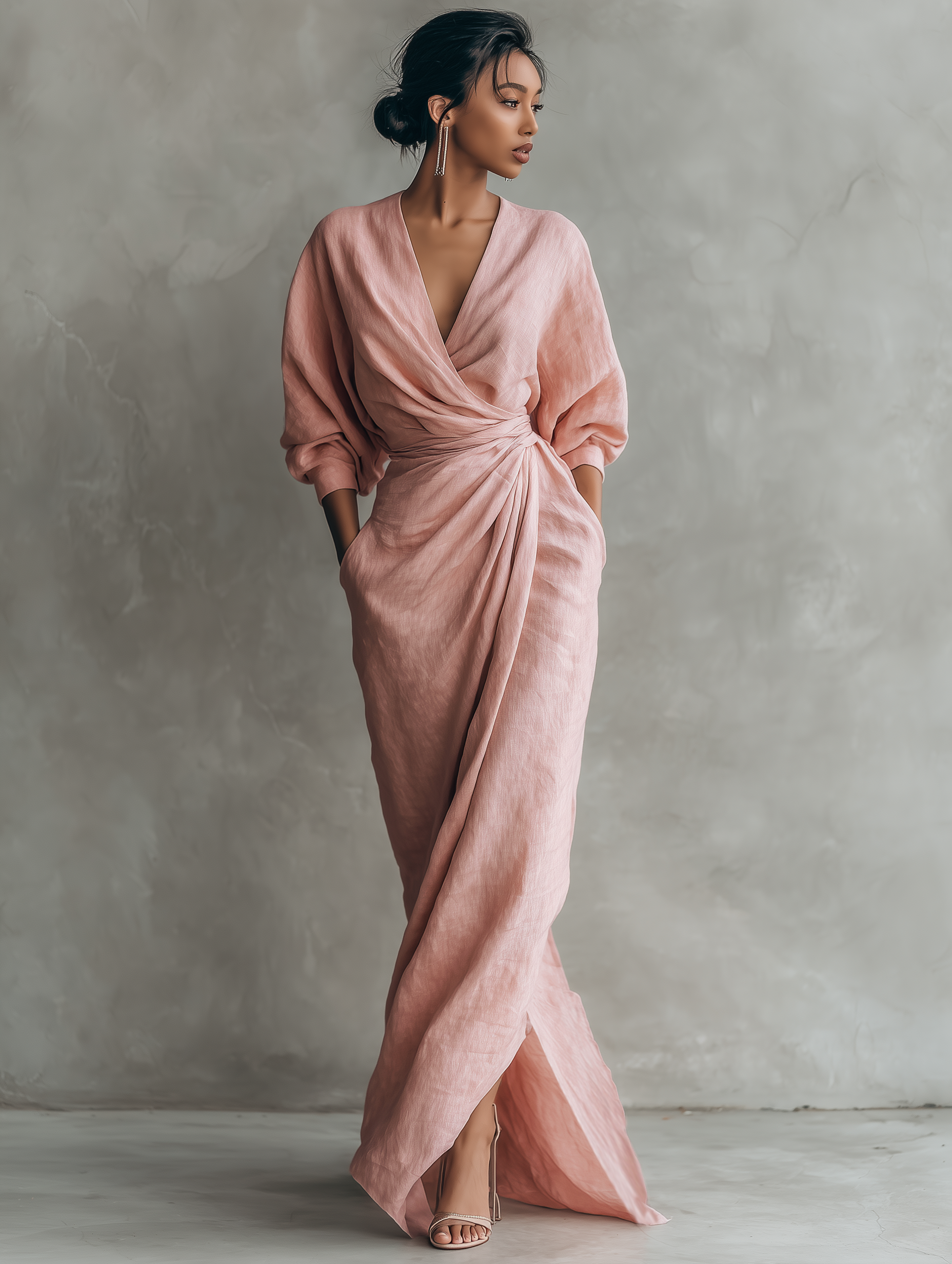 Elegant Collection | Maxi Dress for Women with V-Neck & Sleeves | Breathable Linen Blend for Effortless Style