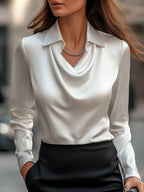 White Draped-Neck Blouse — Women's Elegant Top