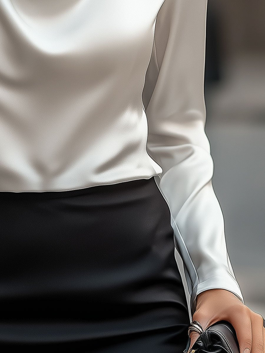 White Draped-Neck Blouse — Women's Elegant Top